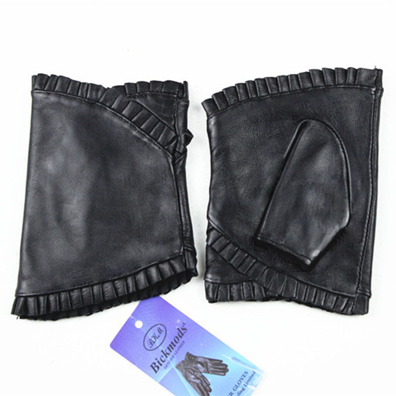 Women's Leather Fashion Ruffled Half-finger Gloves