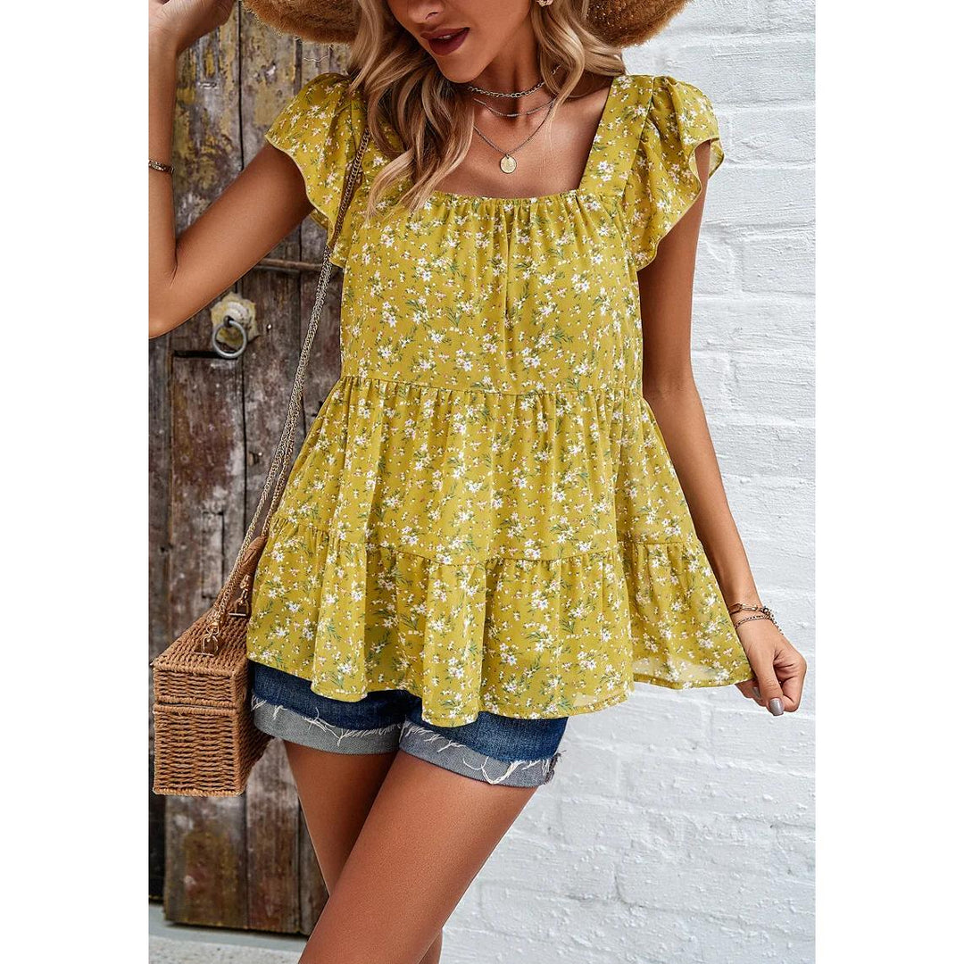 Summer Floral Square Neck Ruffled Top