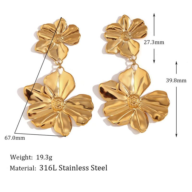 18K Gold Plated Two Flower Drop Earrings - Waterproof & Tarnish Free Stainless Steel