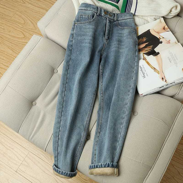 Elasticated Waist Slimming Haren Jeans With Fleece And Thickening