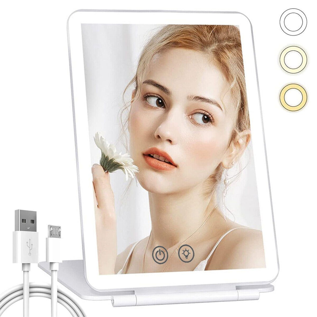 Touch Screen LED Makeup Mirror - Foldable, 3-Color Lighting, USB Rechargeable