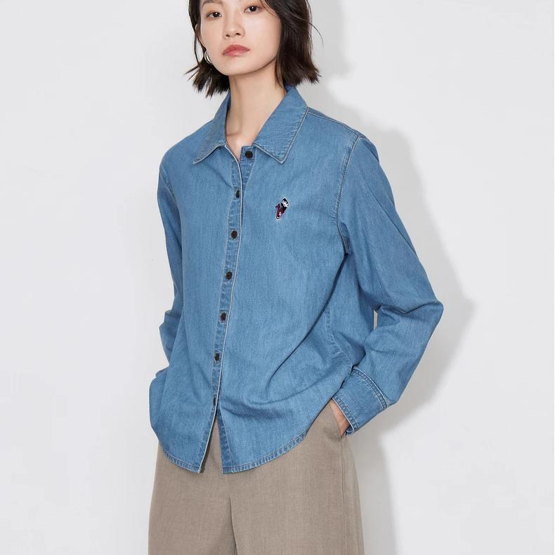 Autumn Embroidered Pure Cotton Polo Collar Denim Shirt