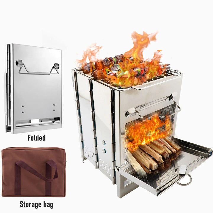 Compact Stainless Steel Folding Wood Stove – Portable BBQ Grill for Outdoor Adventures