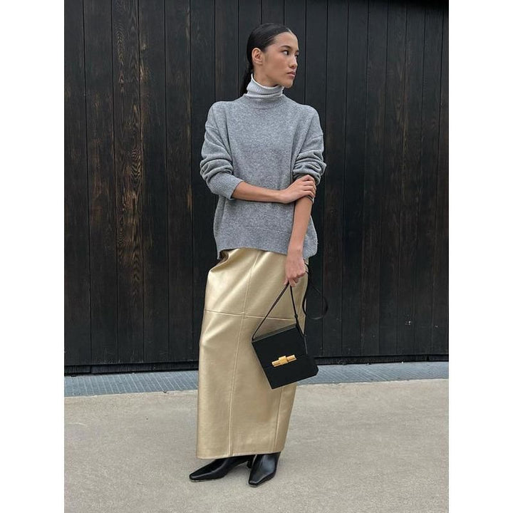 Gold PU Leather High Waist Long Skirt