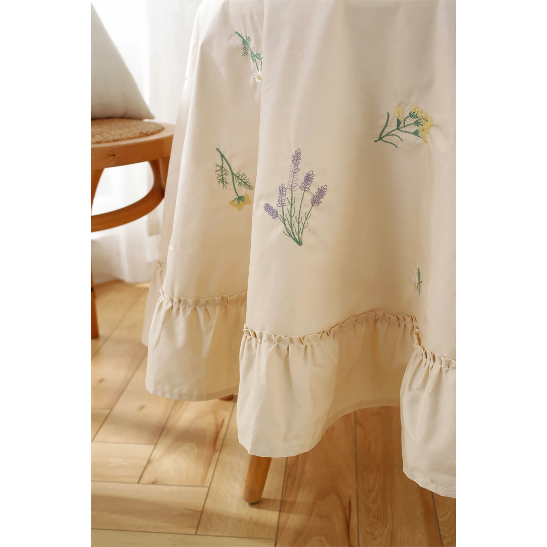 Elegant Cotton Apricot Embroidered Tablecloth with Lotus Leaf Edge