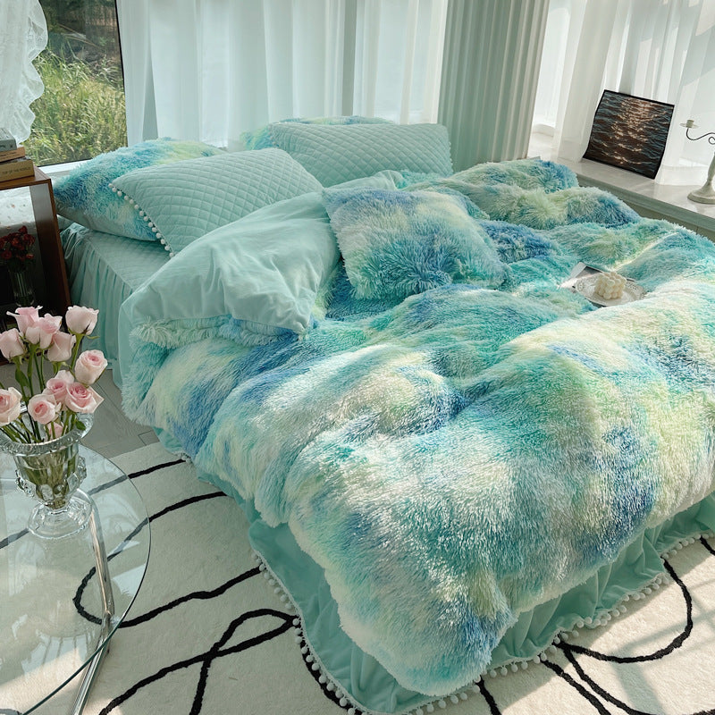 Milk Fiber Winter Mink Fur Bed Four-piece Long Wool Quilt Cover Coral Velvet Double-sided Plush Fleece-lined Quilted Bed Skirt Princess Style