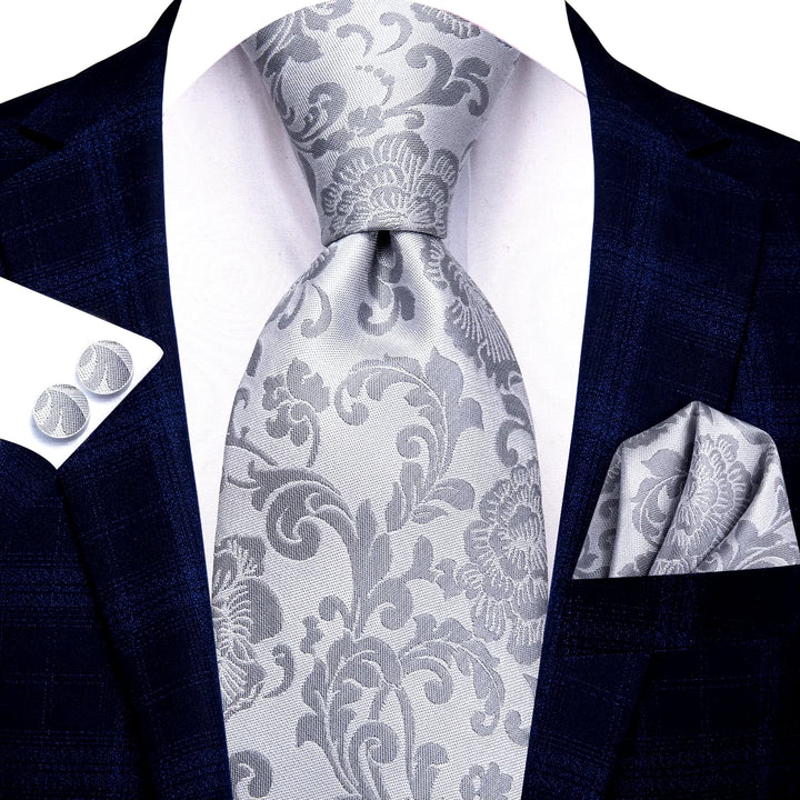 Elegant Silver Grey Floral Men's Necktie Set