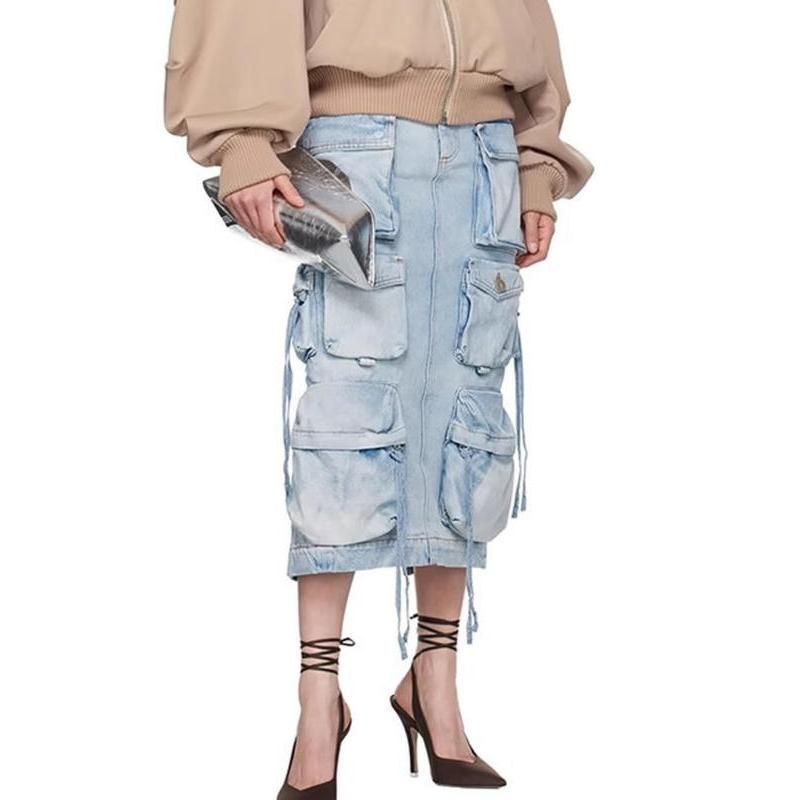 High Waist Denim Skirt with Distressed Detail and Ribbon Slit