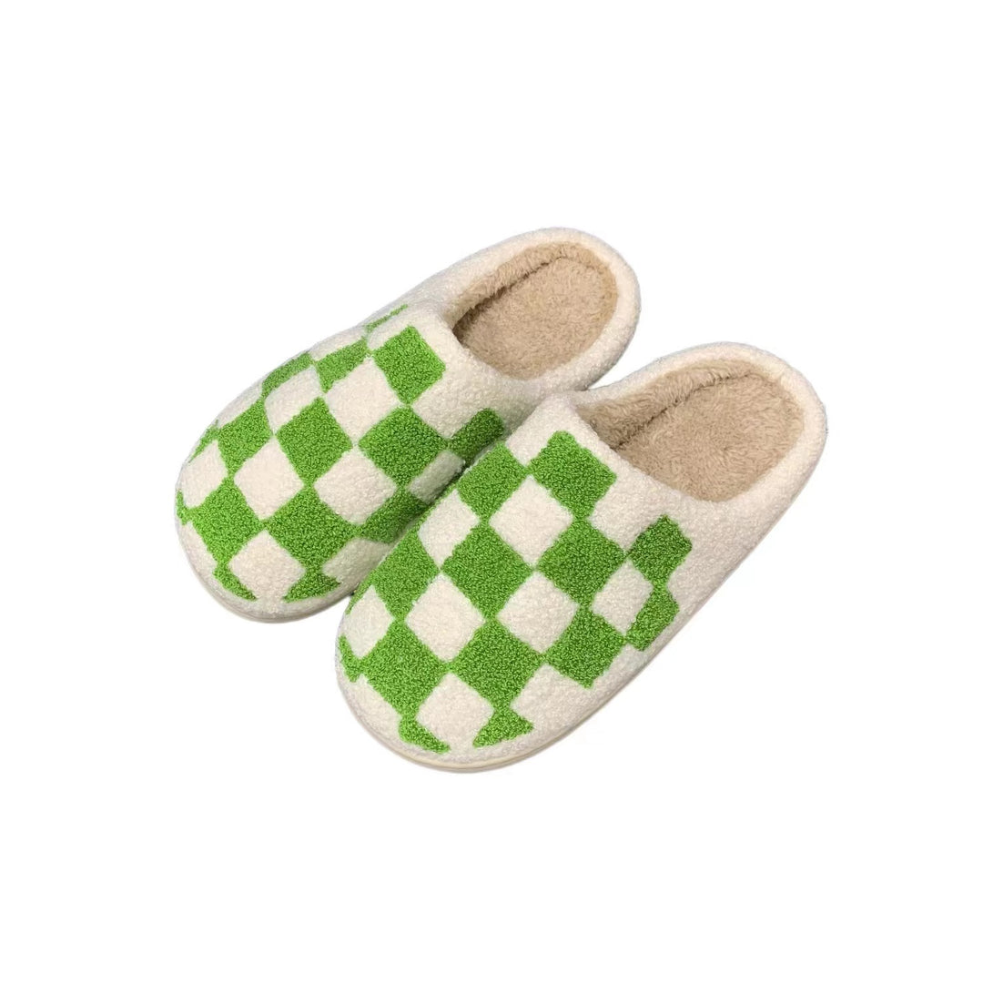 Winter Plush Black Green Checkerboard Warm Non-slip Cotton Slippers