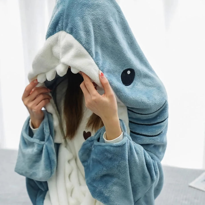 Cozy Shark-Themed Cartoon Sleeping Bag Pajamas & Shawl