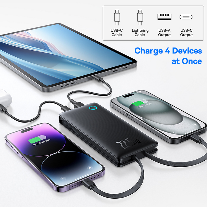 22.5W Fast Charging Power Bank 10000mAh with Built-In Cables