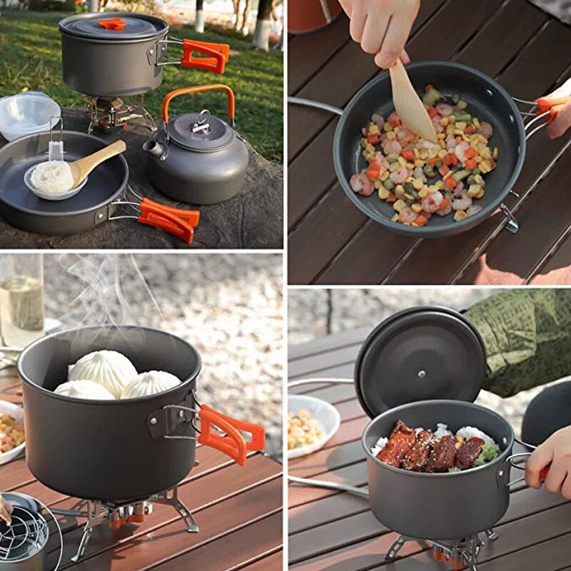 Portable Aluminum Camping Cookware Set - Nonstick Outdoor Cooking Gear for Hiking, Picnics & BBQ