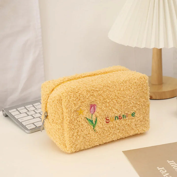 Cute Embroidered Flowers Cosmetic Bag