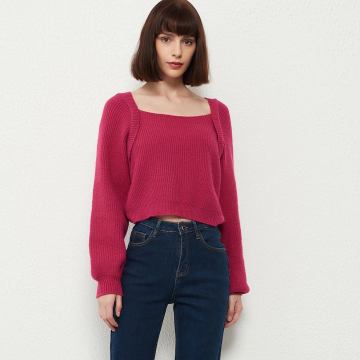 Square Collar Cotton Knit Sweater