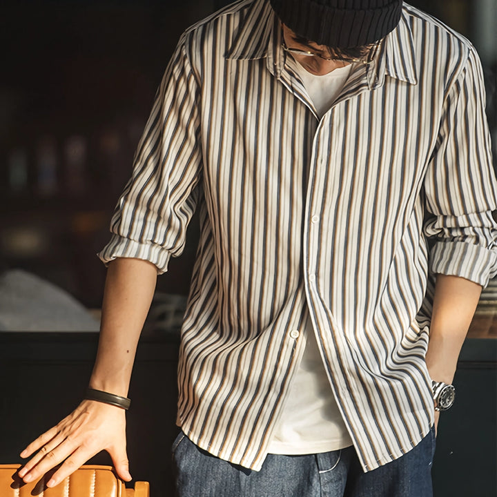 Vintage Striped Long-Sleeved Men's Shirt - Classic Business Style