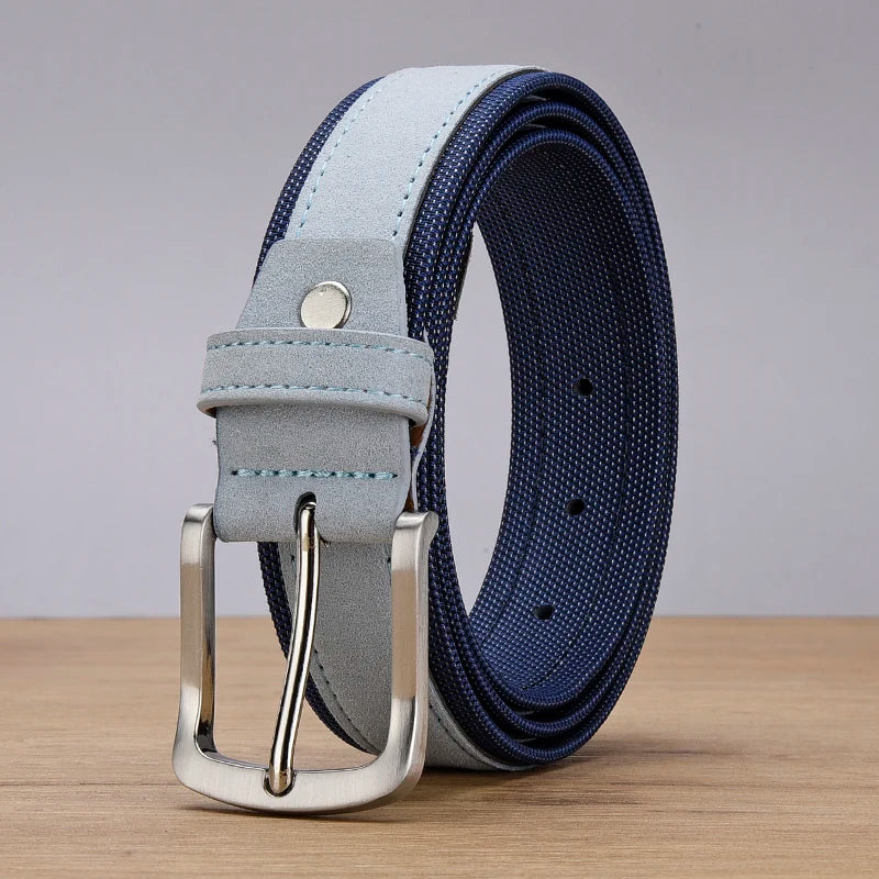 Men’s Suede Leather Belt with Oxford Fabric Strap – Genuine Leather Luxury Pin Buckle