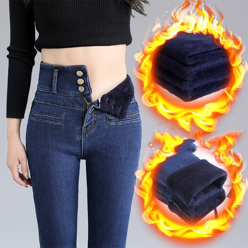 Women's Three-button Plus Velvet High-waisted Abdomen Jeans