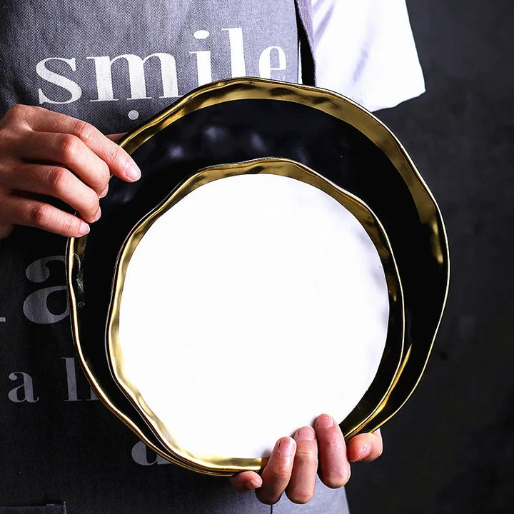 Elegant Ceramic Beef Platter with Gold Edge