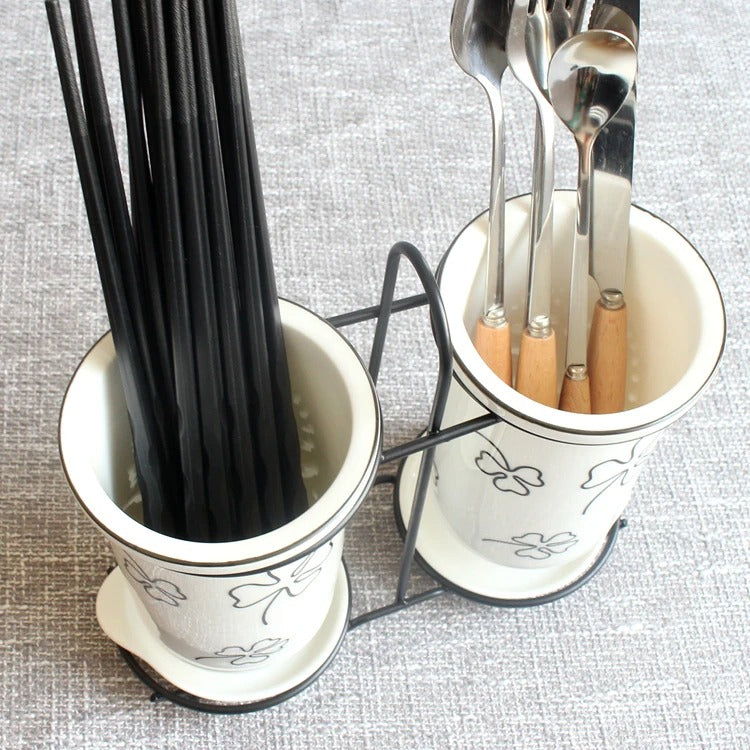 Ceramic Chopsticks and Utensil Storage Set with Drainage Rack