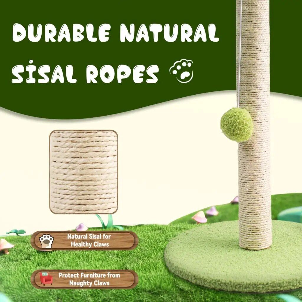 Green Leafy Cat Scratching Post with Sisal Rope and Playful Balls