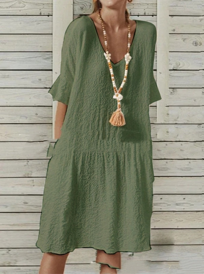 Cotton And Linen Solid Color Half Sleeves Bell Sleeve V-neck Large A-line Dress