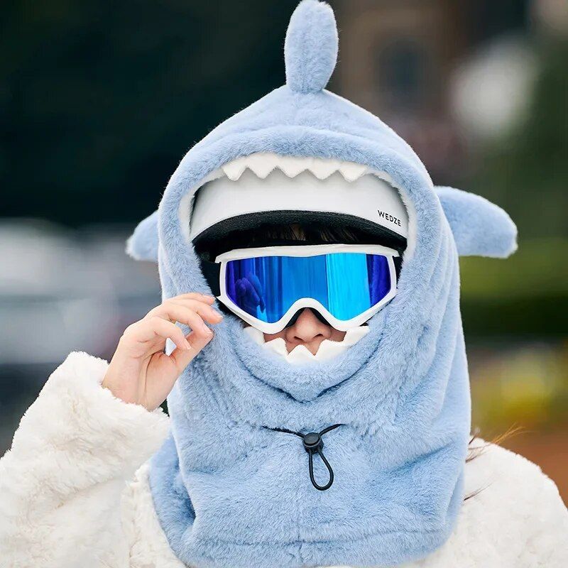 Cute Cartoon Shark Fleece Ski Helmet Cover - Comfortable & Warm Headwear for Winter Sports