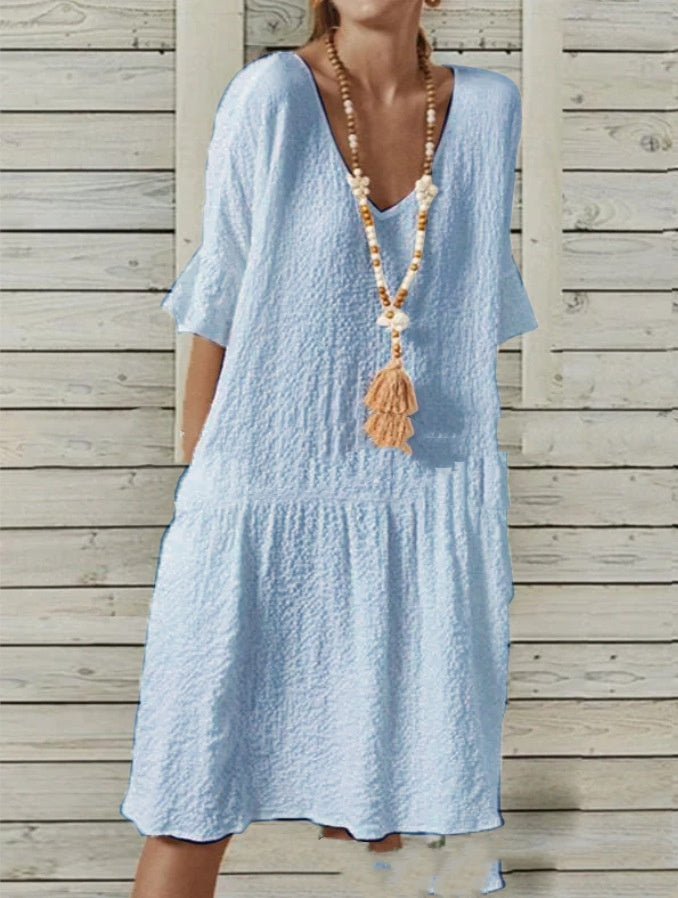 Cotton And Linen Solid Color Half Sleeves Bell Sleeve V-neck Large A-line Dress