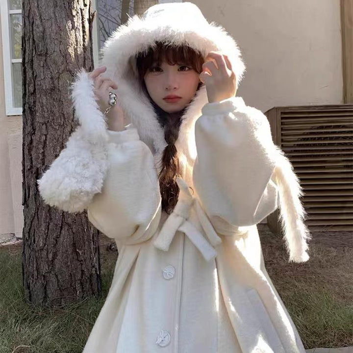 Versatile Mid-length Woolen Coat Loose Hooded Woolen Coat