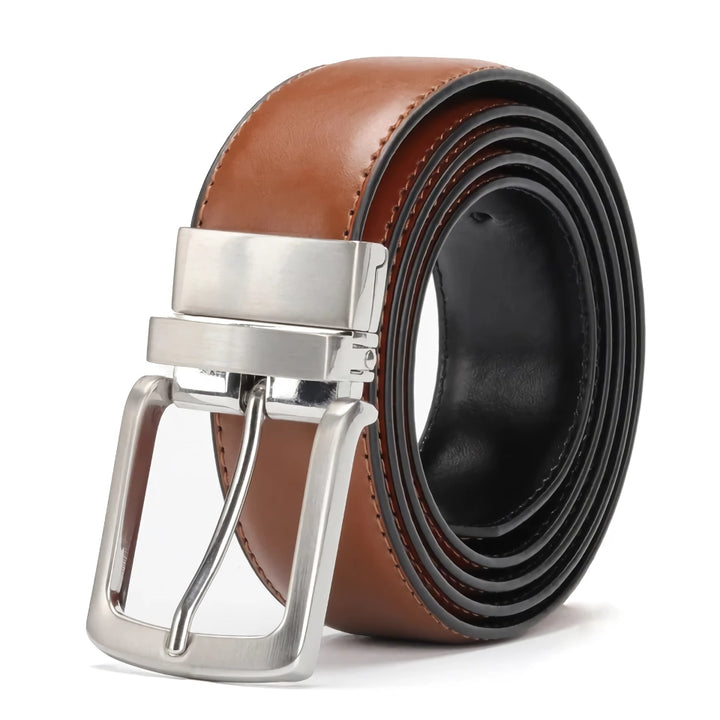 Men's Reversible Genuine Leather Belt with Rotated Buckle – Stylish Cowskin Dress Belt