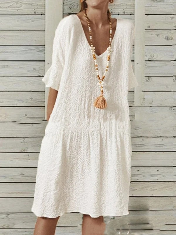 Cotton And Linen Solid Color Half Sleeves Bell Sleeve V-neck Large A-line Dress