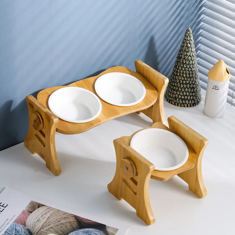 Elevated Ceramic Pet Bowl with Wooden Stand - Double Raised Cat & Dog Food and Water Feeder