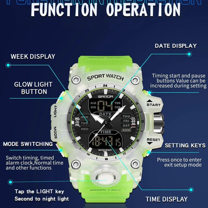 Dual Display Sports Watch for Men - Waterproof, Shock Resistant with Multi-Function Digital Display