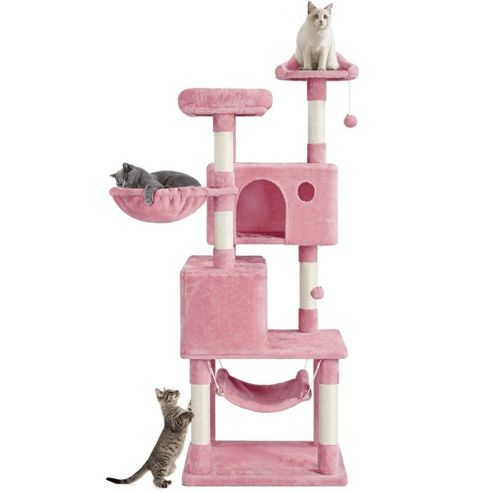 64'' Multi-Level Pink Cat Tree Tower with Condos, Scratching Posts, and Hammock