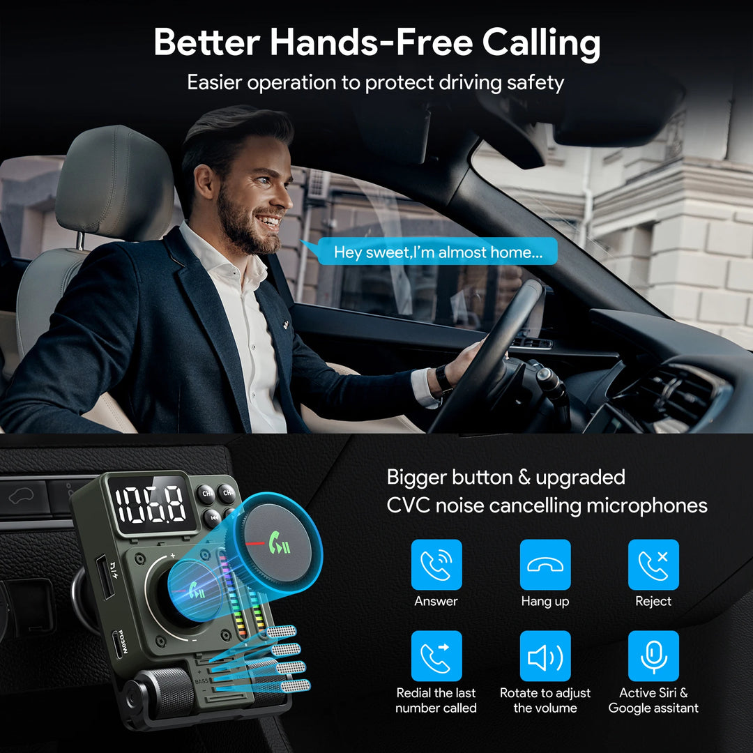 Bluetooth 5.3 FM Transmitter with Adjustable Treble, Bass & PD30W Fast Charging