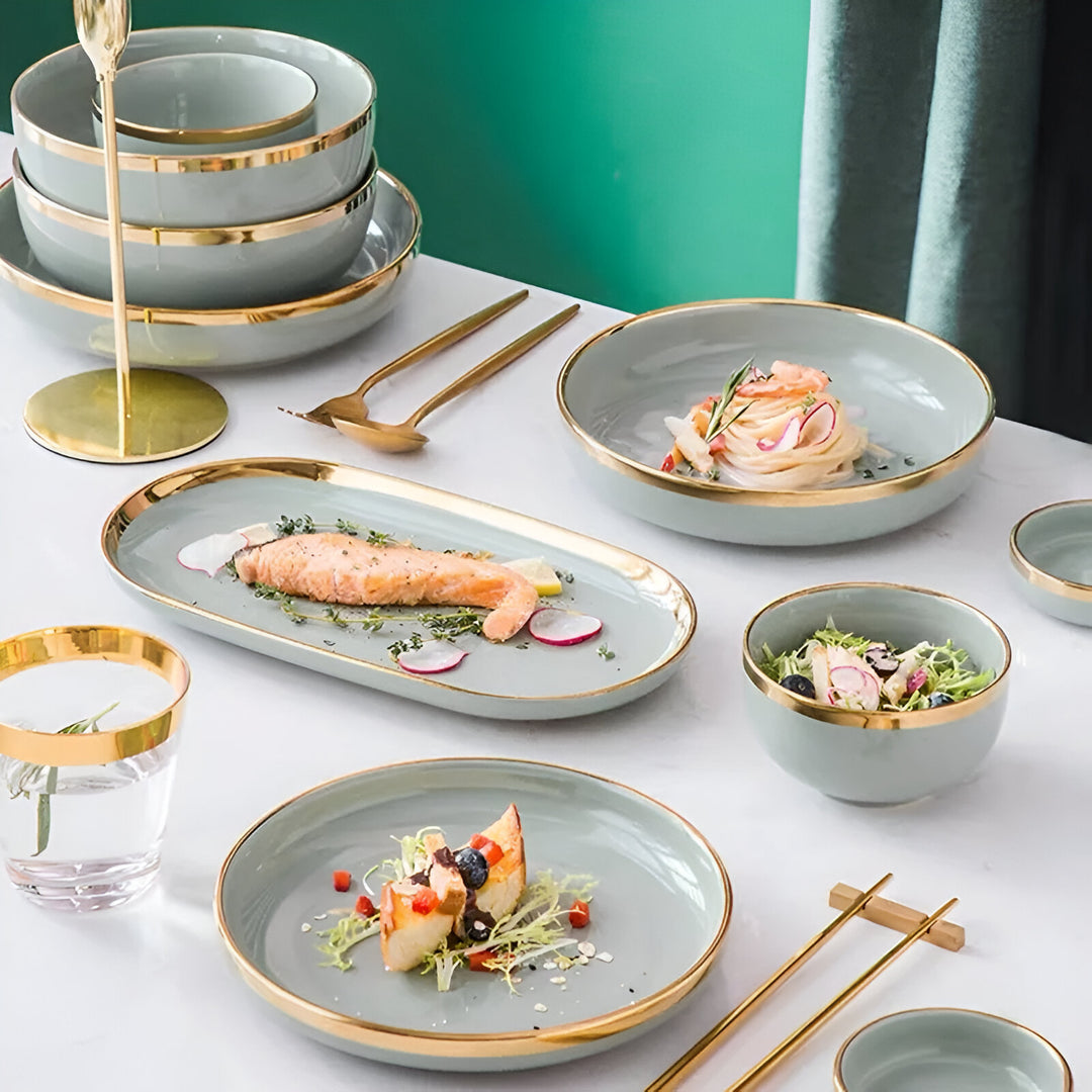 Classical Nordic Bone China Plates Set with Golden Edge, Porcelain Light Green Dinnerware for Elegant Dining