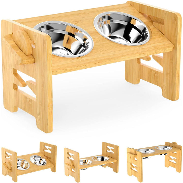 Adjustable Elevated Slanted Pet Feeding Bowl with Bamboo Stand