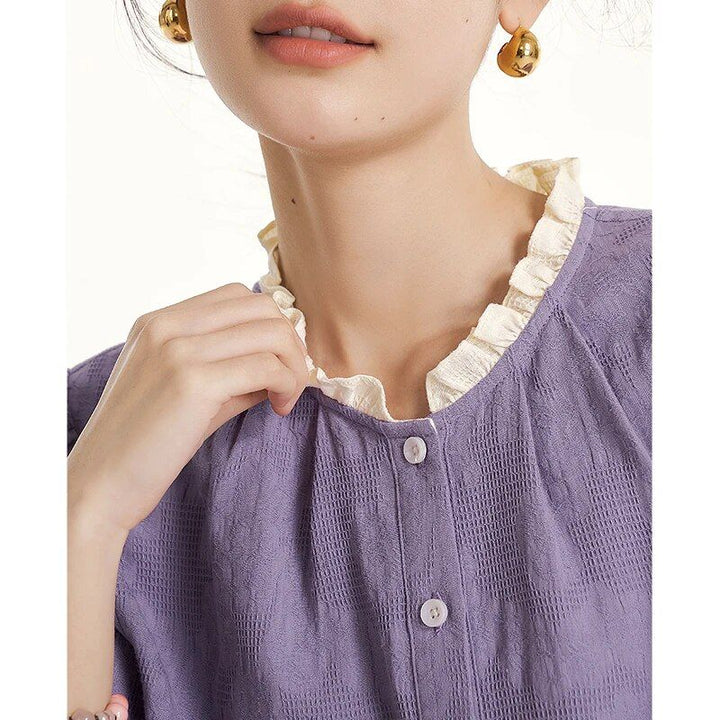 Summer Puff Sleeve Lace Neckline Blouse