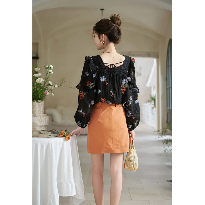 Korean Embroidered Dandelion Blouse with Lace Square Neck