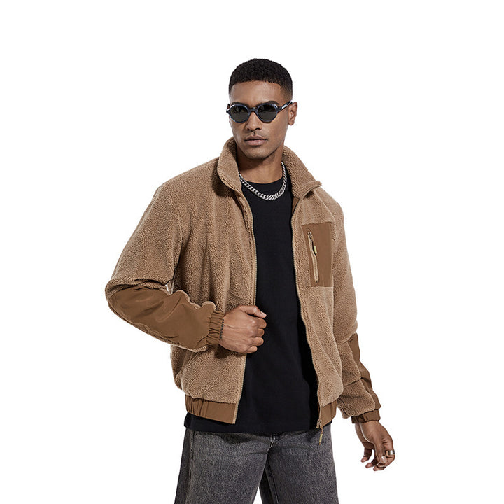 Men's Standing Collar Solid Color Fleece Jacket