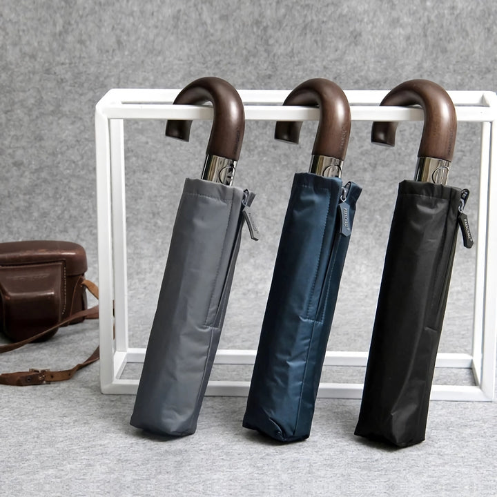 Automatic Folding Windproof Umbrella with Wooden Handle