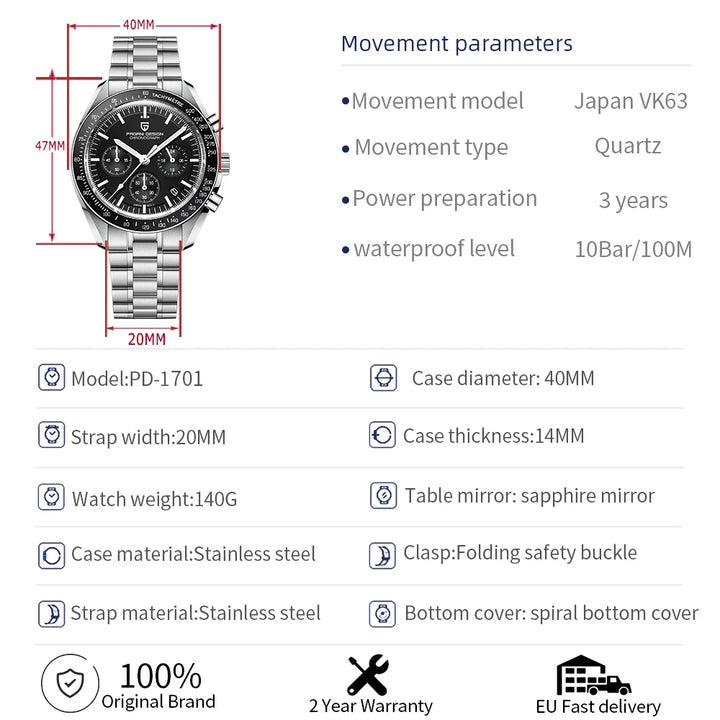 PAGANI DESIGN 2024 Men's Luxury Quartz Chronograph Watch with Auto Date