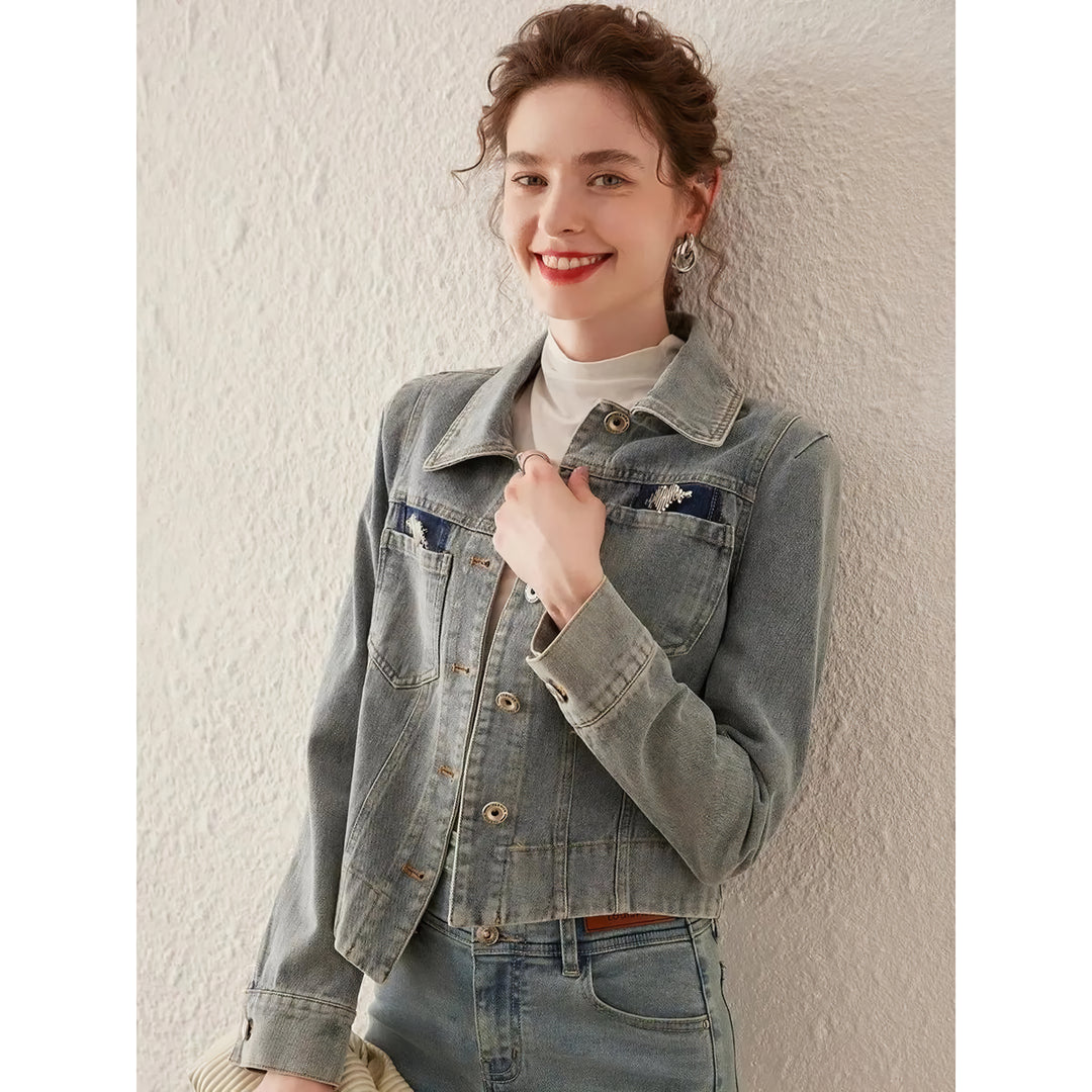 Spring Retro Washed Denim Jacket with Turn Down Collar