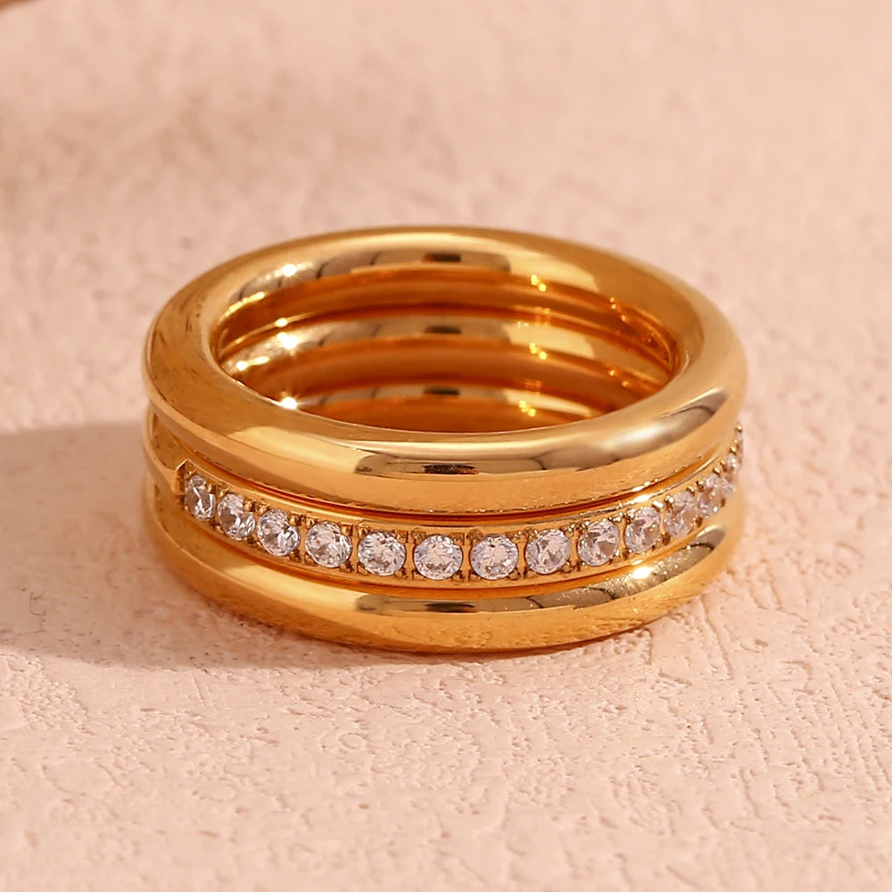 Zircon Three-Piece Hypoallergenic Gold-Plated Stainless Steel Ring Set