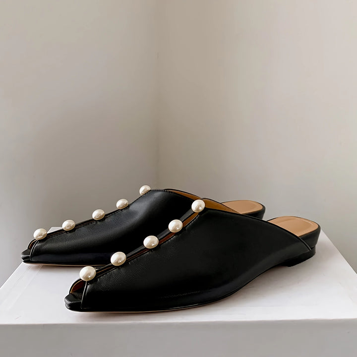 Stylish Pearl Embellished Leather Mules