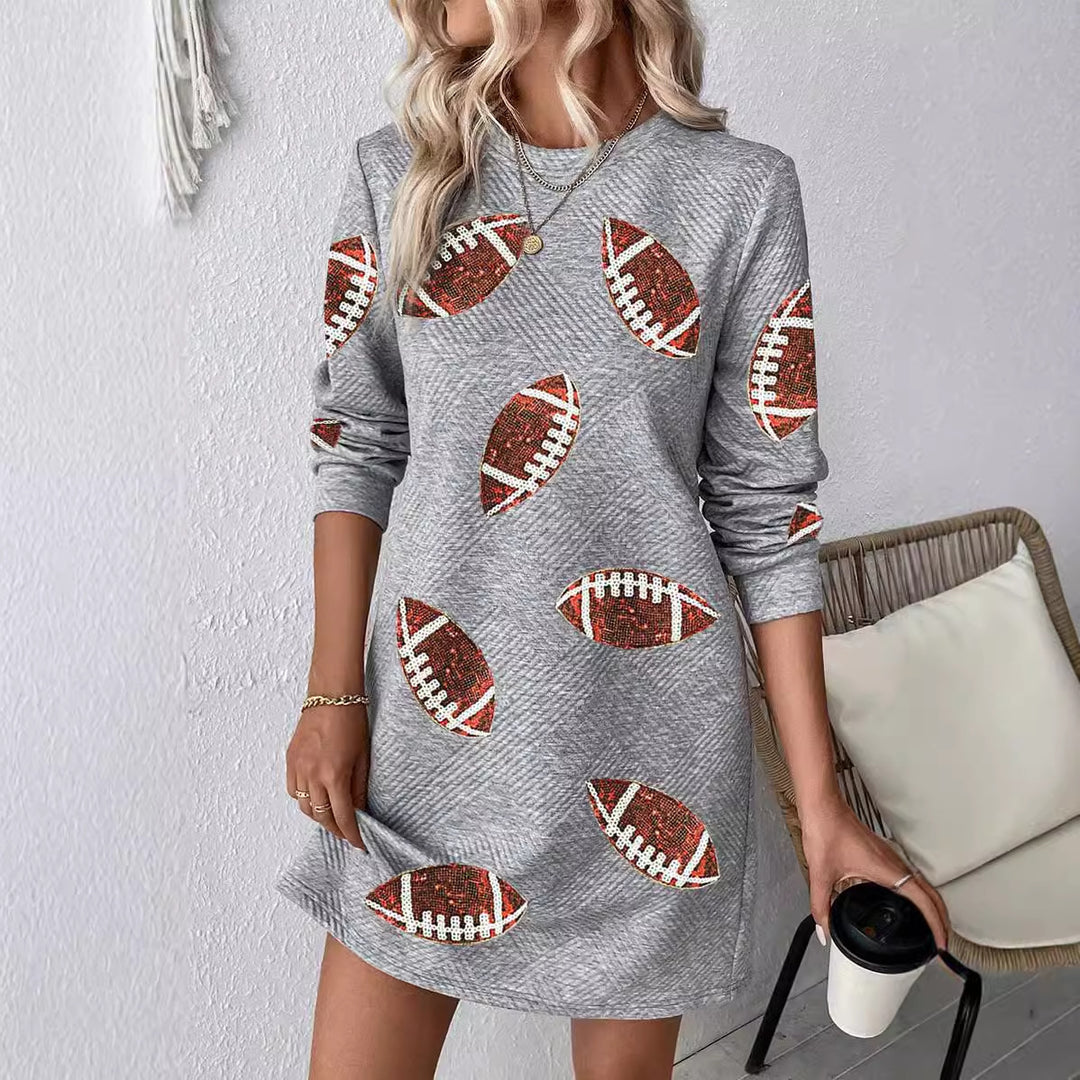 Women's Rugby Printed Long Sleeve Round Neck Pullover Dress