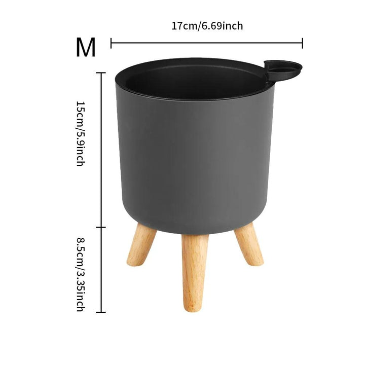 Modern Self-Watering Planter with Wooden Stand