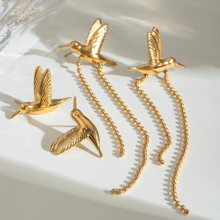 18K Gold Plated Stainless Steel Peace Dove Bird Tassel Earrings for Women