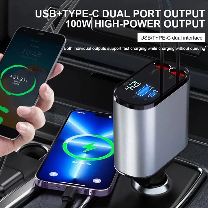 High-Speed 4-in-1 Retractable Car Charger with Dual USB, Type-C & Lightning Cables