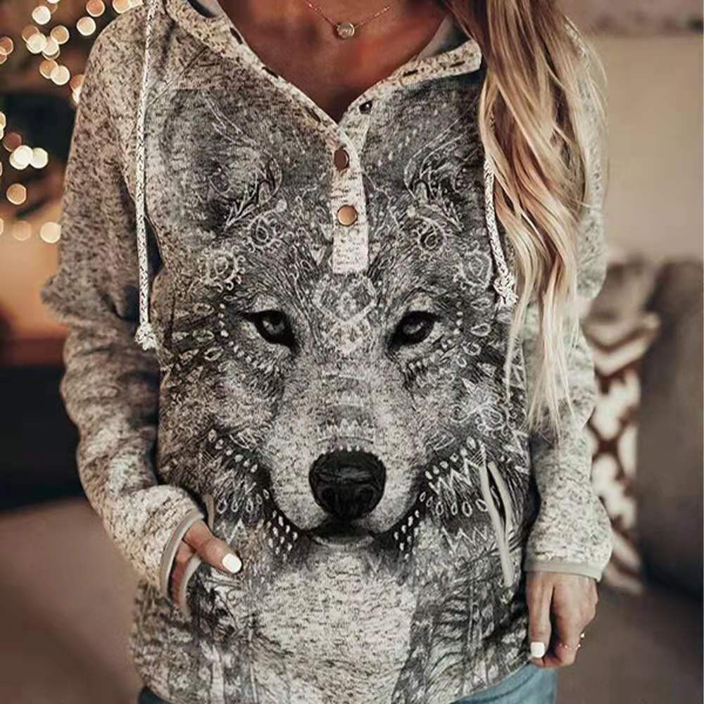 Women's Animal Wolf Print Casual Hoodie