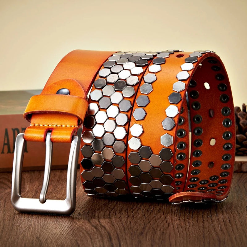 3.8cm Wide Rivet Studded Leather Belt